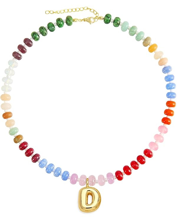 Elegant Boho Colorful Beaded Necklace with Gold Bubble Letter A-Z Pendant,Handmade Trendy Summer ... | Amazon (US)