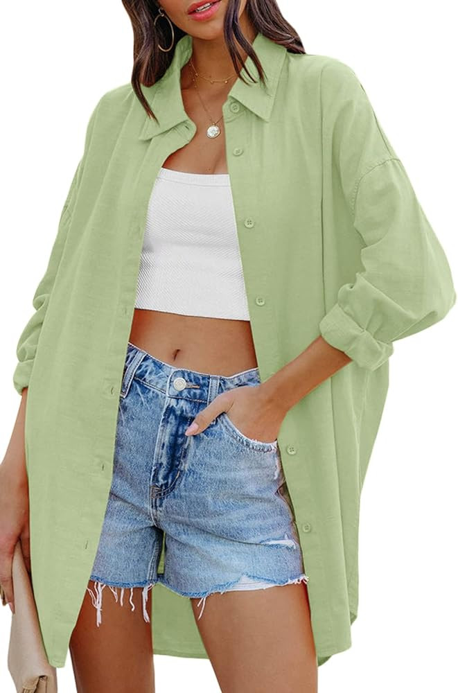 FSHAOES Womens Oversized Button Down Shirts Casual Loose Long Sleeve Solid Lapel Long Blouses Top... | Amazon (US)