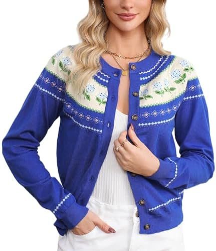 Womens Long Sleeve Open Front Cardigan Sweaters Button Down Crew Neck Floral Print Knit Fall Swea... | Amazon (US)