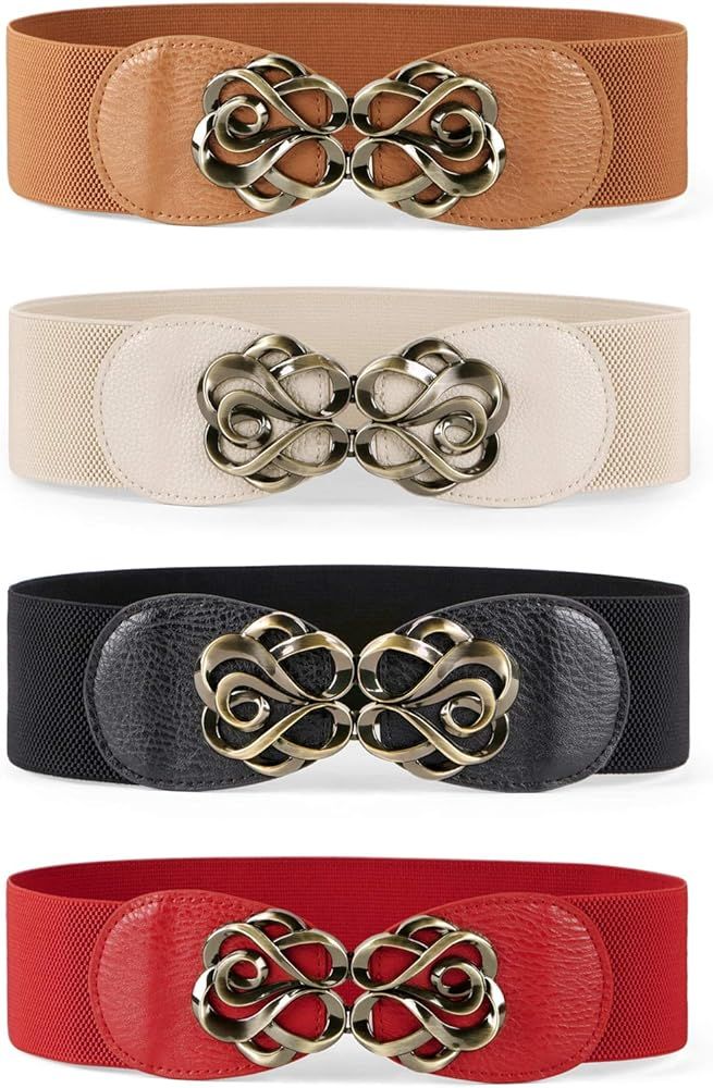 JASGOOD Women Stretchy Belt for Dresses Vintage Elastic Wide Waist Belt,D-Black+Brown+Beige+Red,S... | Amazon (CA)