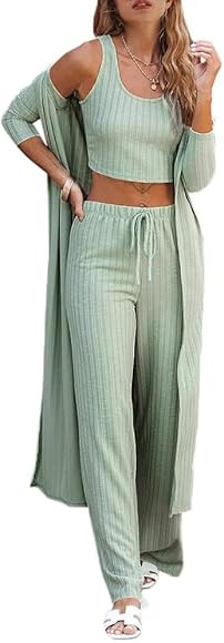 Fessceruna Womens 3 Piece Lounge Sets Pajamas Knit Long Sleeve Cardigan Crop Top Wide Leg Pants L... | Amazon (US)