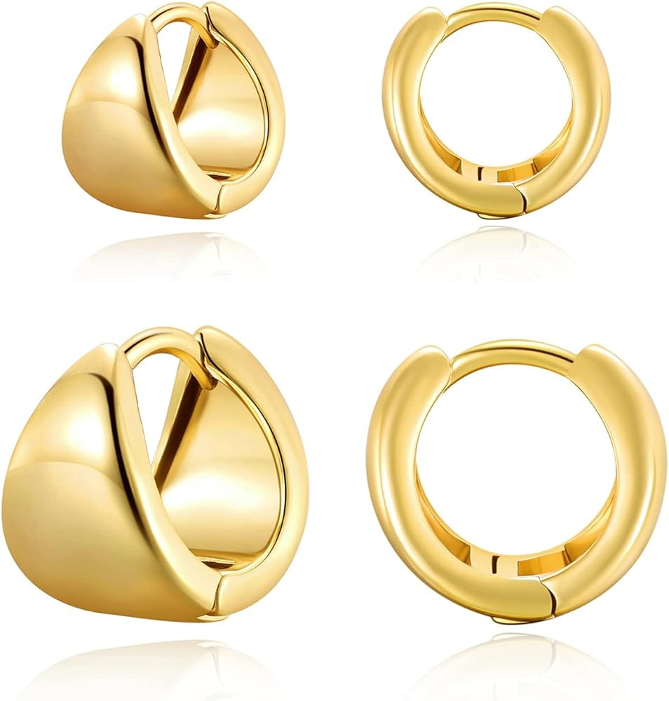 Hoop Earrings Small Chunky Huggie Earrings Dainty Wide Earrings Set For Women Girls,2 Sizes | Amazon (US)