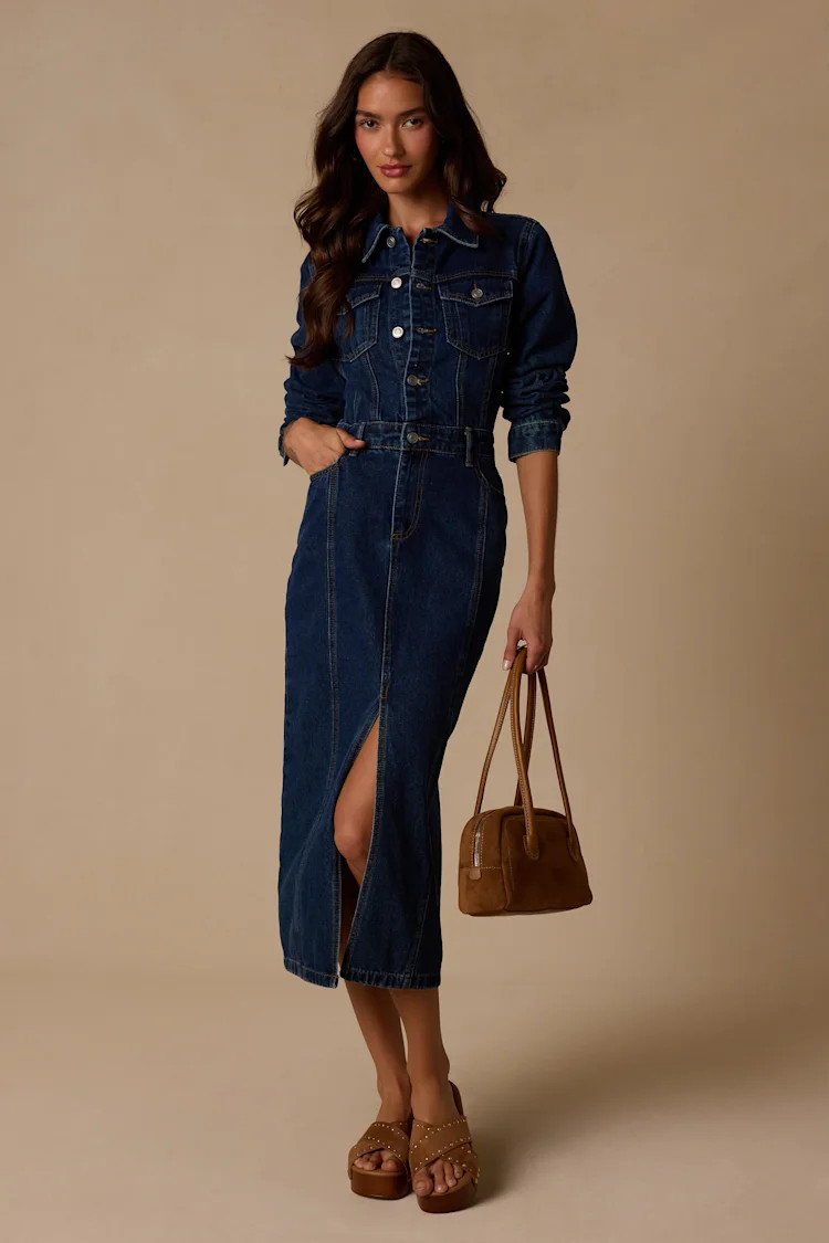 Alarie Dark Wash Denim Long Sleeve Midi Dress | Lulus