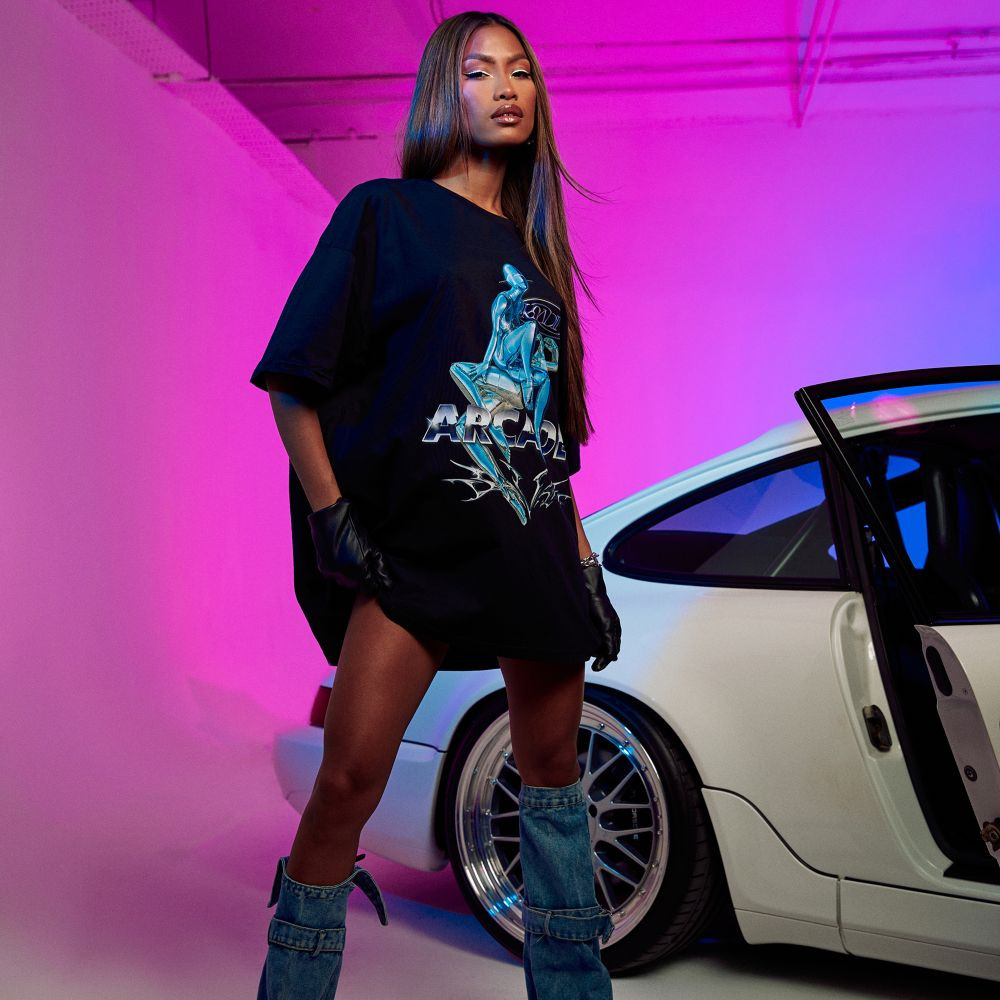 Oversized 'Arcade' Graphic T-Shirt Dress In Black | EGO (UK)