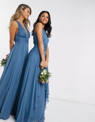 ASOS DESIGN Bridesmaid pinny maxi dress with ruched bodice and layered skirt detail in blue | ASOS (Global)
