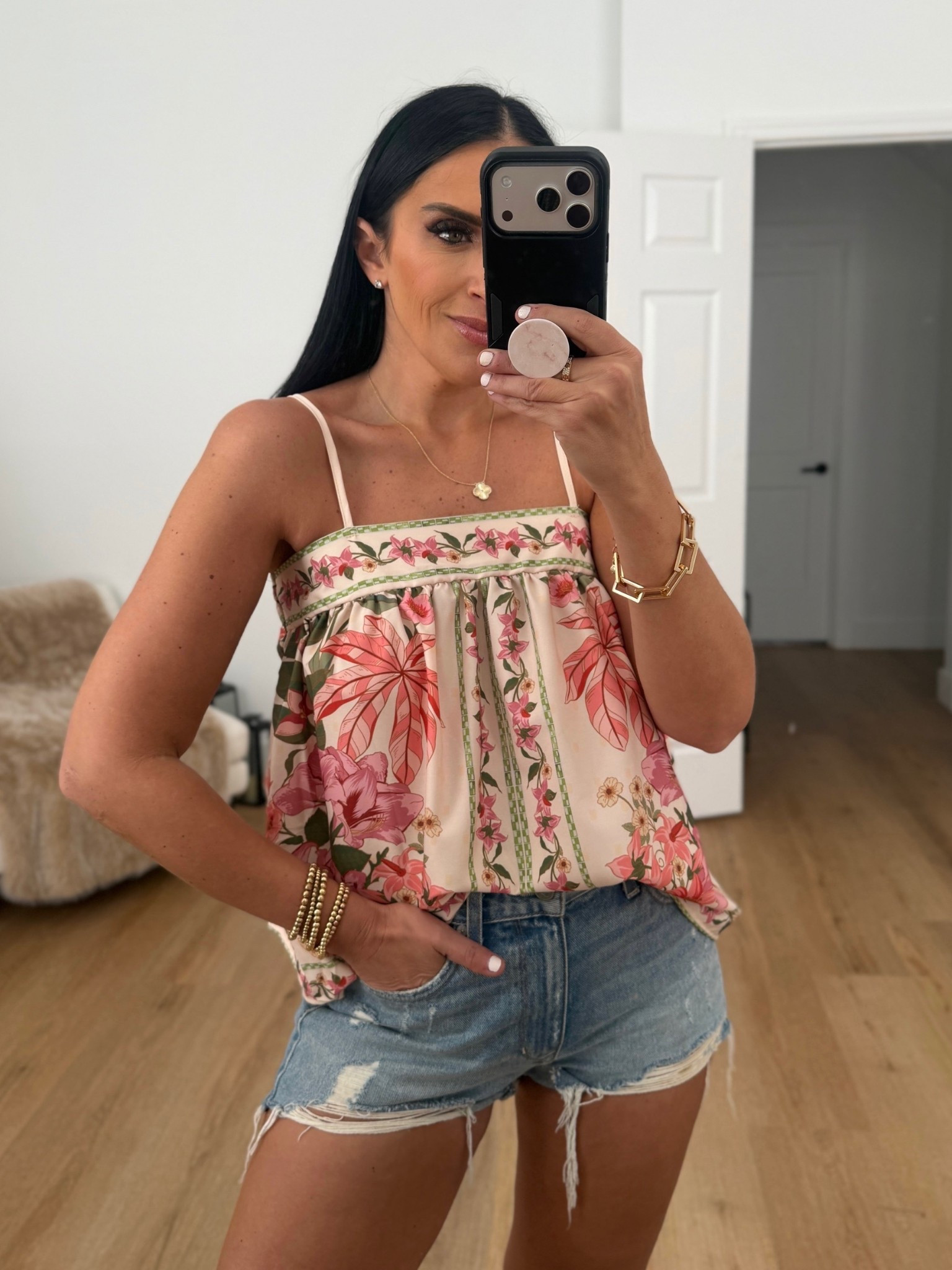 Farm Rio inspired Women's Boho Floral Cami wearing size small. 
