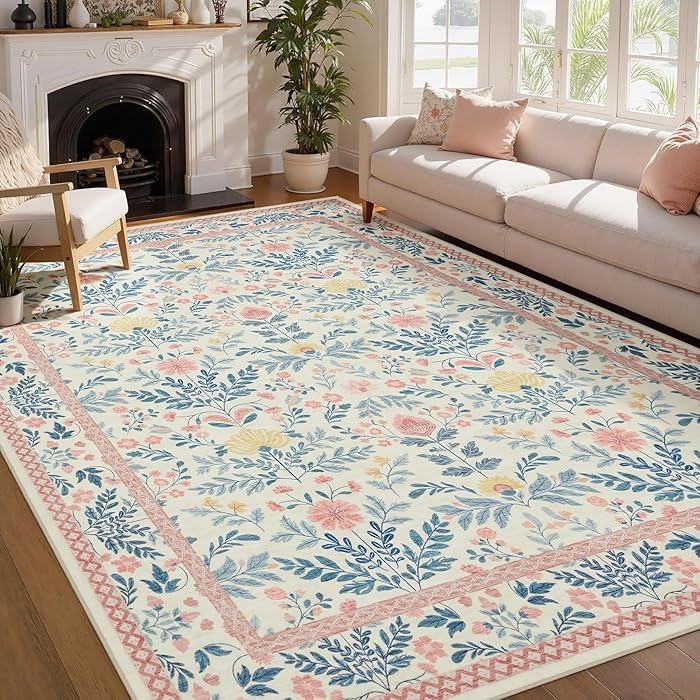 Joydeco Boho Floral Light Pink 5x7 Area Rugs for Bedroom Girls Playroom, Machine Washable Kids Ro... | Amazon (US)