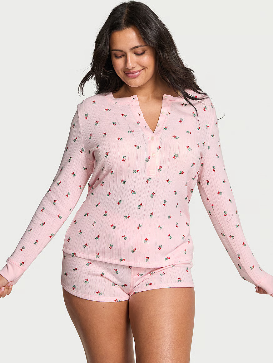 Buy Cozy Pointelle Henley Short Pajama Set, Angel Pink W Mistletoe Graphic - Order Pajamas Sets o... | Victoria's Secret (US / CA )