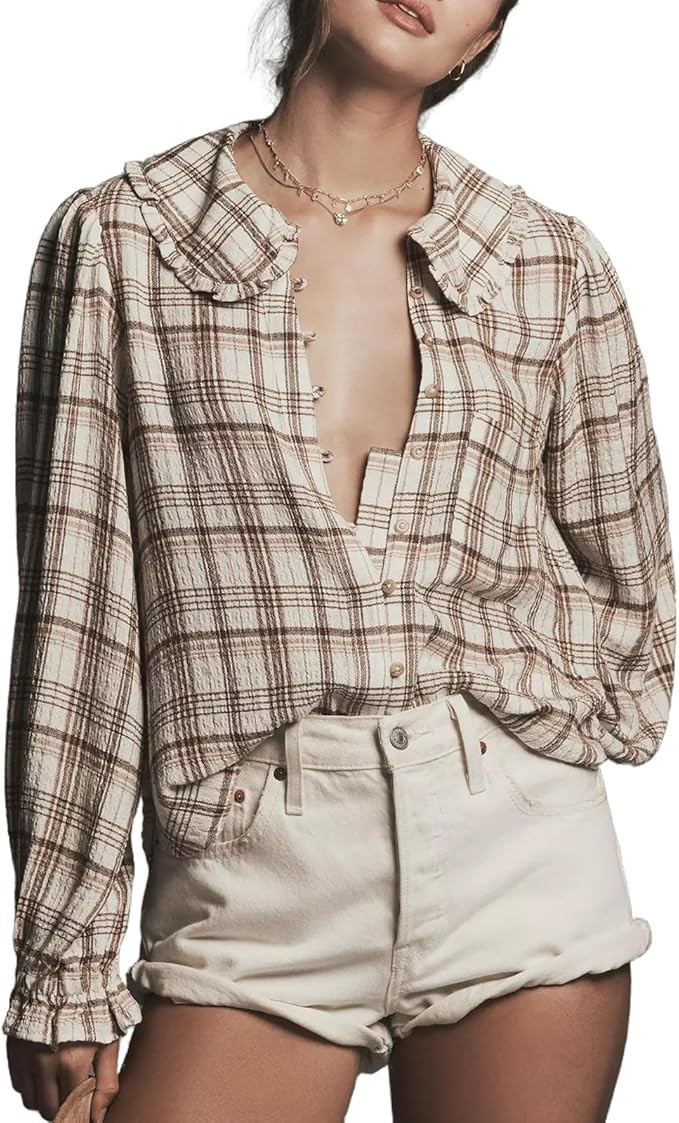 Women Y2k Peter Pan Collar Shirts Ruffle Puff Long Sleeve Button Down Babydoll Blouse Lapel Going... | Amazon (US)