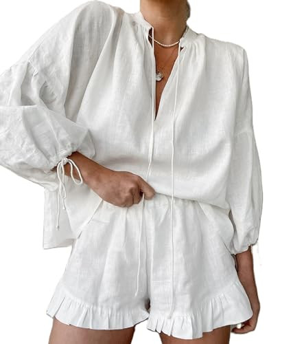 Women Linen Set Puff Long Sleeve V Neck Front Tie Shirt & Ruffle Boxer Shorts Set 2 Piece Lounge ... | Amazon (US)