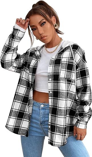 SheIn Women's Plaid Drawstring Hooded Blouse Long Sleeve Button Down Work Hoodie Shirt Top Jacket... | Amazon (US)