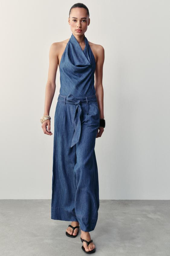 Zara - Open Back Belted Halter Jumpsuit - Indigo - L - Woman | Zara US