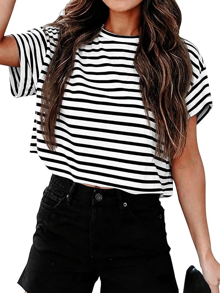 Tankaneo Women Short Sleeve Cropped T-Shirts Crew Neck Loose Crop Tops Summer Casual Drop Shoulde... | Amazon (US)