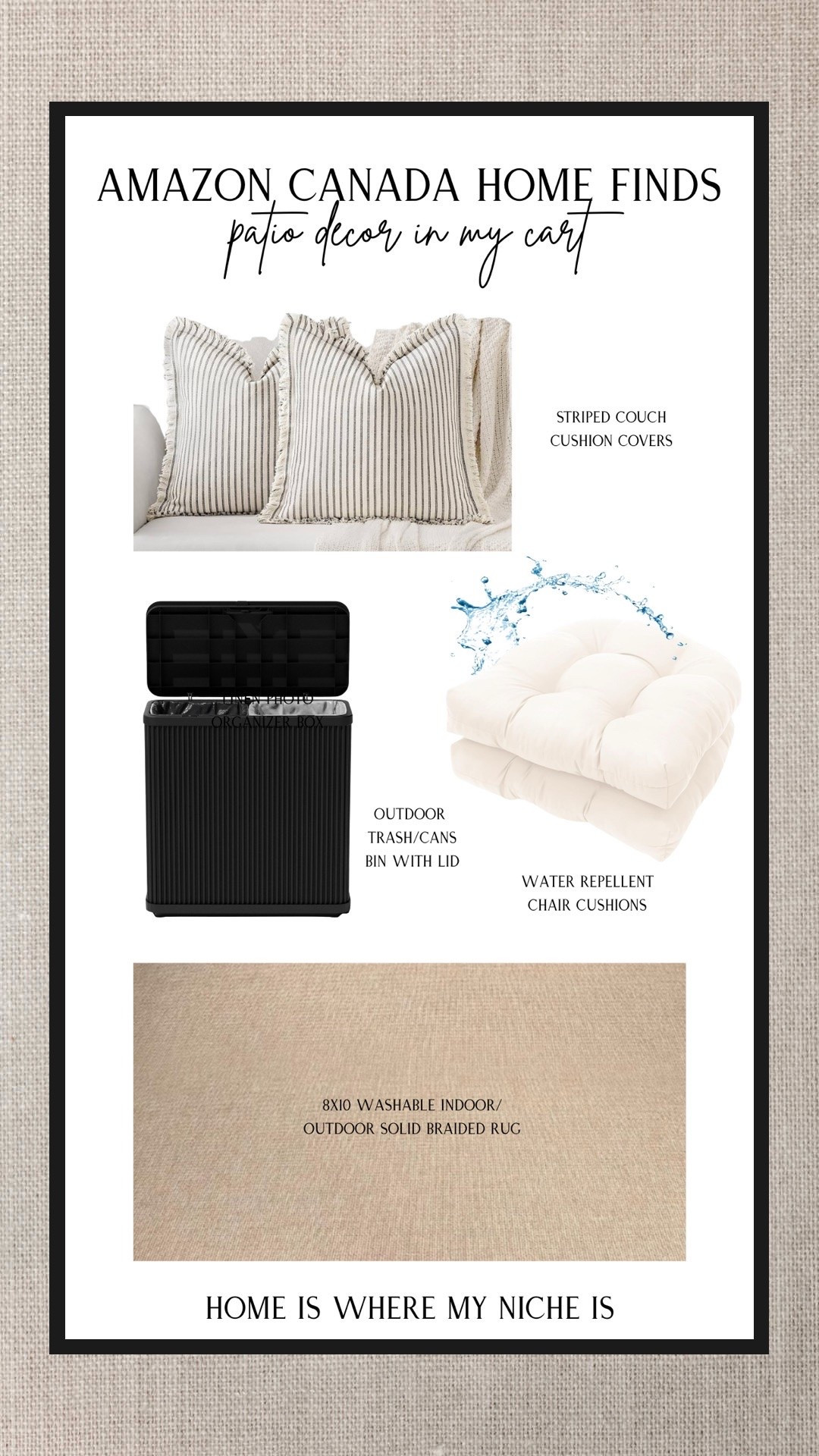 Amazon Canada patio finds currently in my cart 🛒 

Neutral, cozy, practical… the exact kind of pieces I love for creating an elevated outdoor space without overspending ✨

The striped cushions instantly had me, but the washable rug + hidden trash bin are the kinds of finds that make a patio actually function well too 👏🏻

Slowly collecting pieces that make summer at home feel extra cozy ☀️

#amazoncanada #amazonhomefinds #patiodecor #outdoorliving #neutralhome #cozypatio #amazonfavorites #patioinspo #summerdecor #homedecorfinds #beigeaesthetic #homecreator

#LTKhome #LTKcanada #LTKsummer #LTKhome