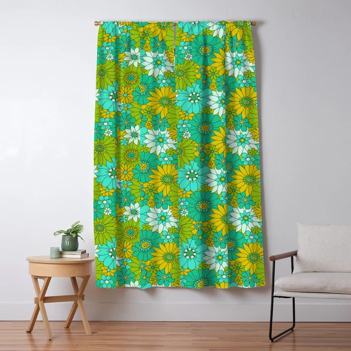 Retro daisy Floral - Lime Blackout Curtain by Lathe and Quill | Society6