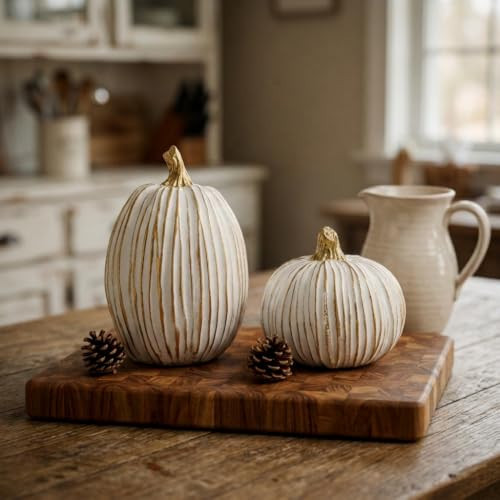 DouShiAi Fall Pumpkin Decor, White & Gold Resin Pumpkins Decorative Pumpkin | Amazon (US)