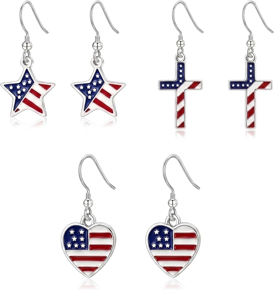 3 Pairs 4th of July Patriotic Earrings Set for Women Heart Star Cross American Flag Dangle Earrin... | Amazon (US)