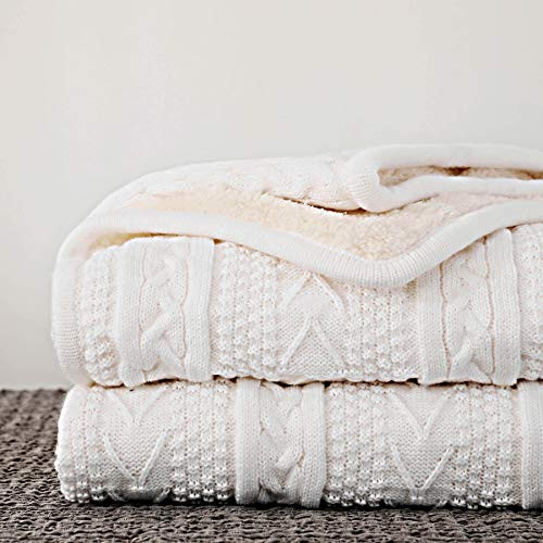 Longhui bedding Acrylic Cable Knit Sherpa Throw Blanket – Thick, Soft, Big, Cozy Ivory White Knitted Fleece Blankets for Couch, Sofa, Bed – Large 50 x 63 Inches Ivory White Coverlet All Season | Amazon (US)