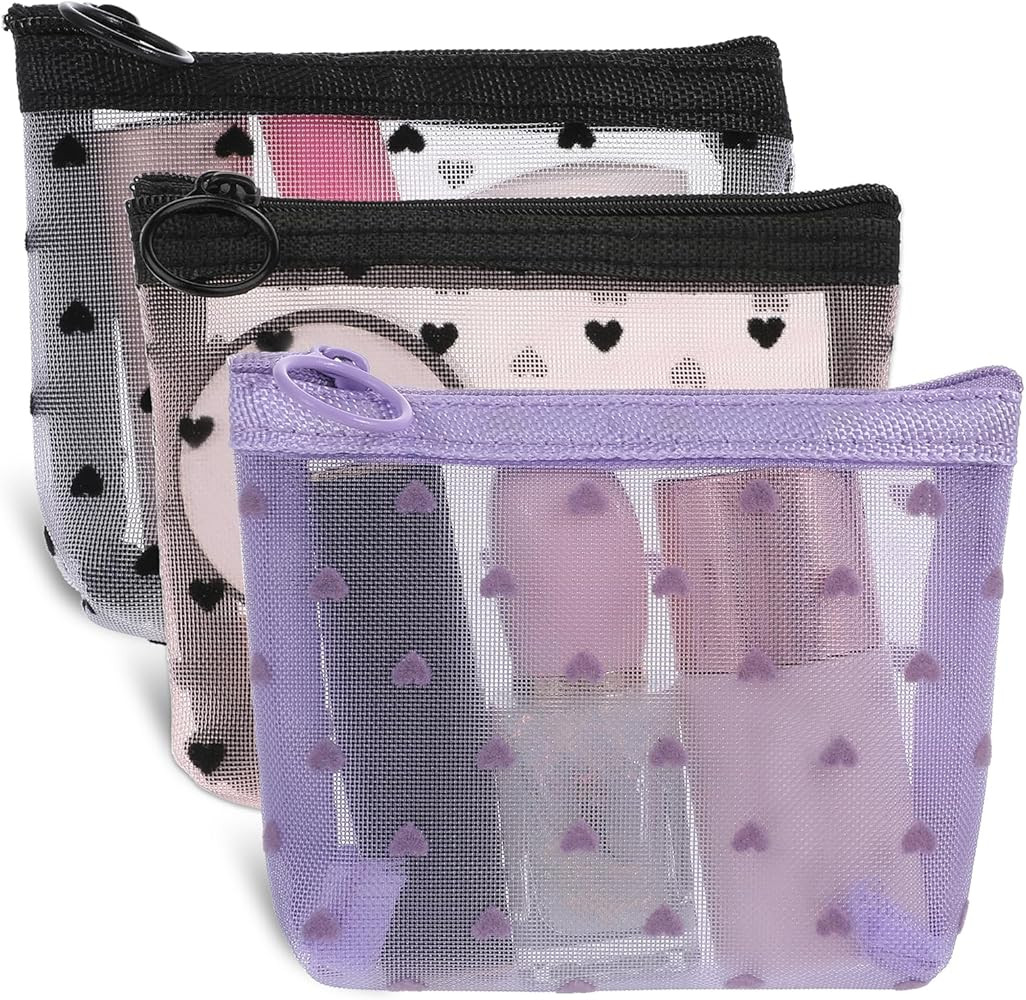 3Pcs Mini Cosmetic Bags, Heart Print Mesh Zipper Bags, Lipstick Accessories Organizer, Makeup Bag... | Amazon (US)