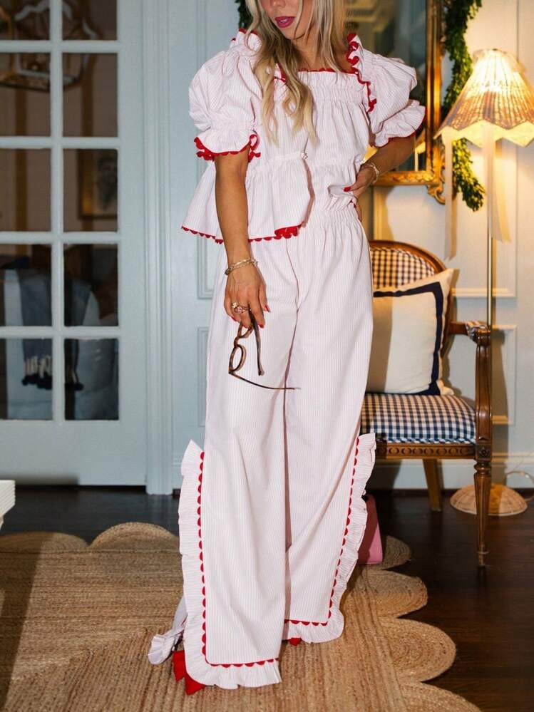 Women Cute Plaid/Stripe Pajama Set Y2K Bubble Sleeve Square Neck Crop Shirt Tops And Ruffle Trim Long Pants Fashion Casual Outfits Playful Christmas Sleepwear Xmas Pjs Party Loungewear | SHEIN