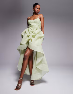 ASOS DESIGN organdy maxi dress with manipulated skirt and high-low hem in sage green | ASOS (Global)