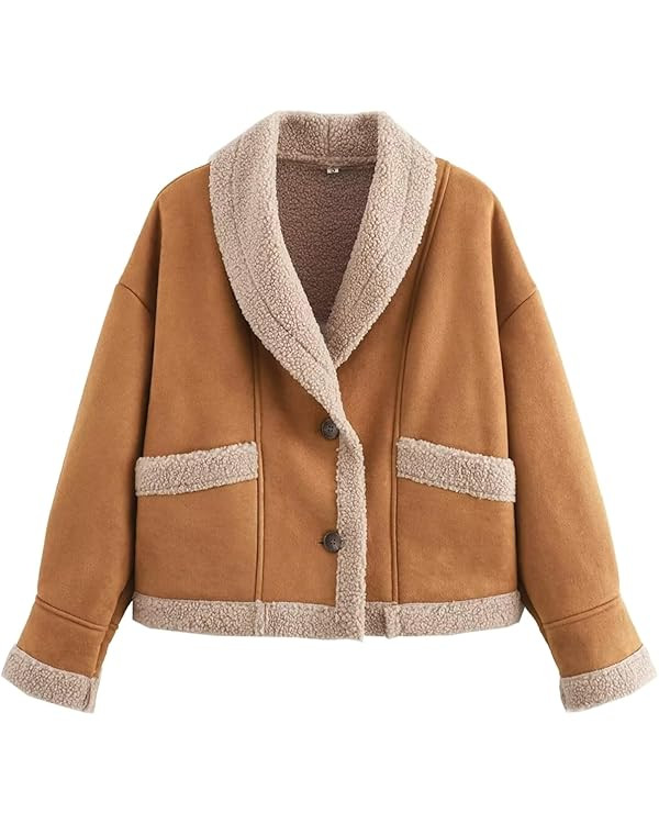 HangNiFang Women's Cropped Sherpa Fleece Wool Coat Button Up Trendy Moto Biker Jacket Fur lined O... | Amazon (US)