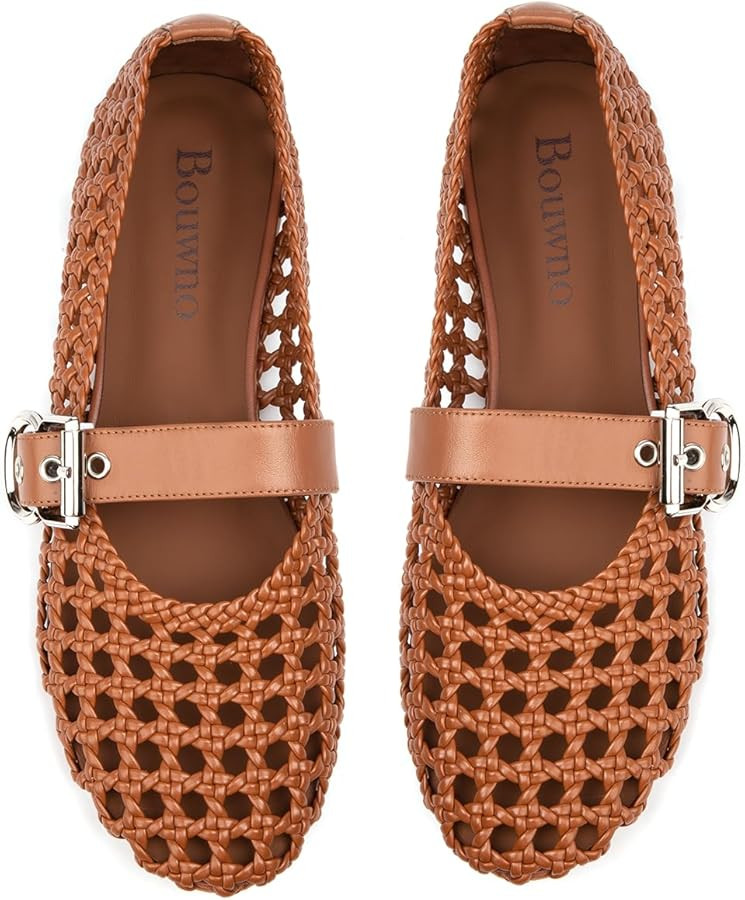 Mesh Mary Jane Flats for Women Hand Woven Flats Slip on Leather Round Toe Comfy Buckle Strap Dres... | Amazon (US)