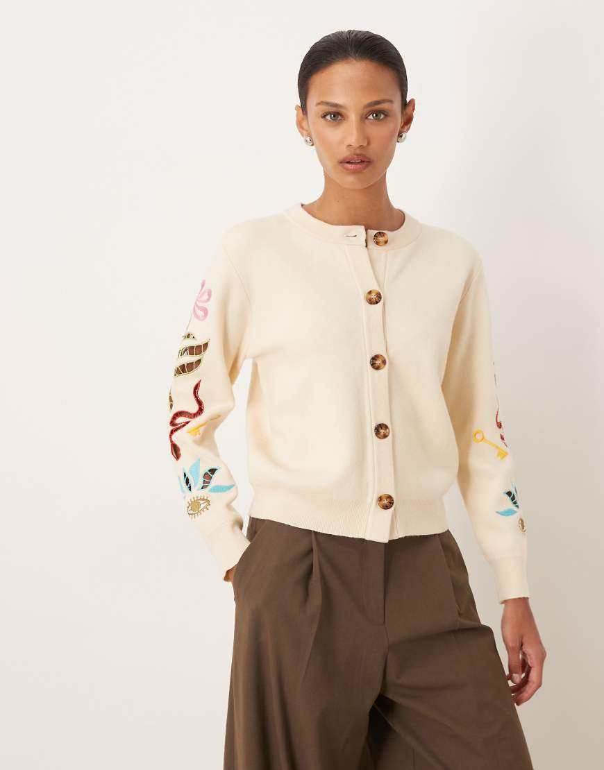 Never Fully Dressed knitted cutwork embroidered cardigan in cream-White | ASOS (Global)