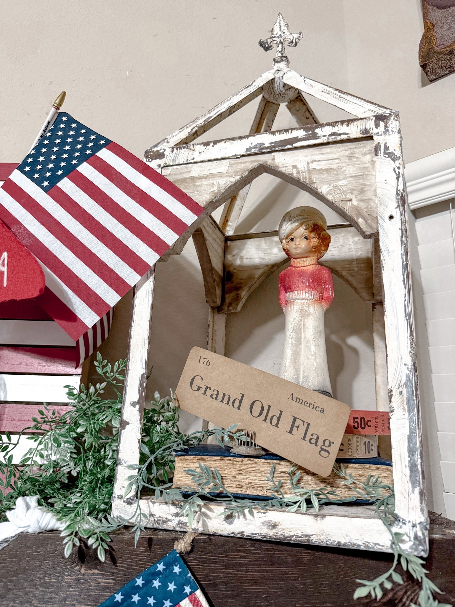 🇺🇸She’s a grand ole flag🇺🇸. This darling white church is perfect for all year ! You can fill it with pumpkins, mini Christmas trees or Easter bunnies ! #antiquefarmhouse #patrioticdecor #4thofjulydecor #americanadecor #homedecor 

#LTKFamily #LTKHome #LTKSeasonal