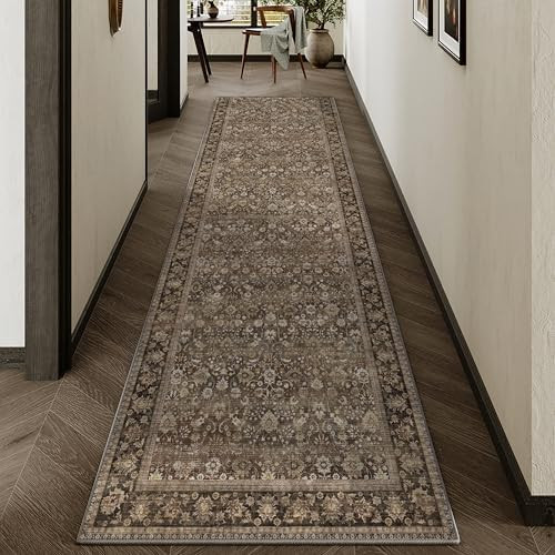 HUGEAR 2x8 Runner Rug Machine Washable Brown Hallway Area Rug Indoor Accent Rugs Floral Low Pile ... | Amazon (US)