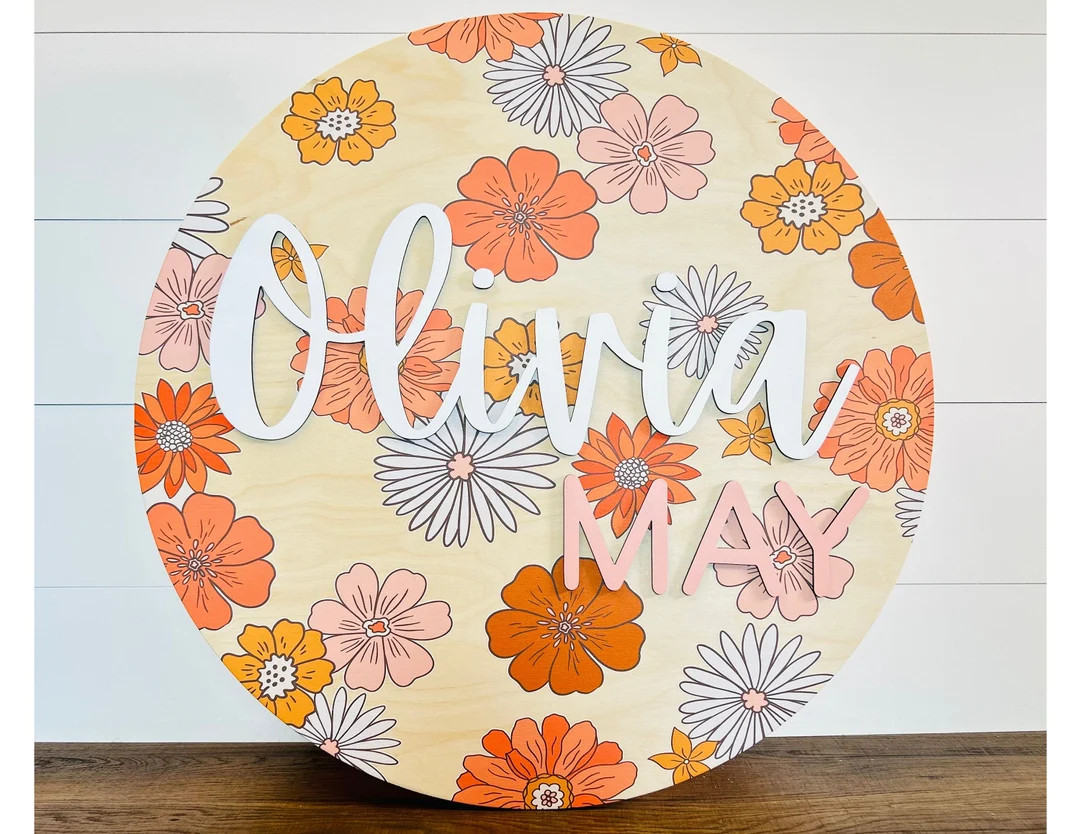 Flower wood nursery name sign, name sign for nursery, above crib sign ,baby shower gift, retro nu... | Etsy (US)