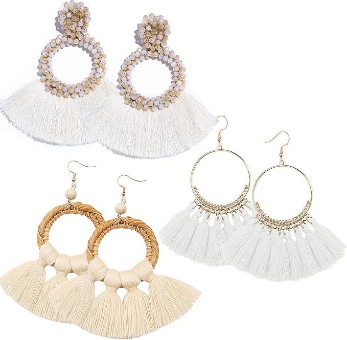 RIOSO 3 Pairs Hoop Tassel Bohemian Earrings Beaded Fringe Drop Earrings Statement Fan Tassel Drop... | Amazon (US)