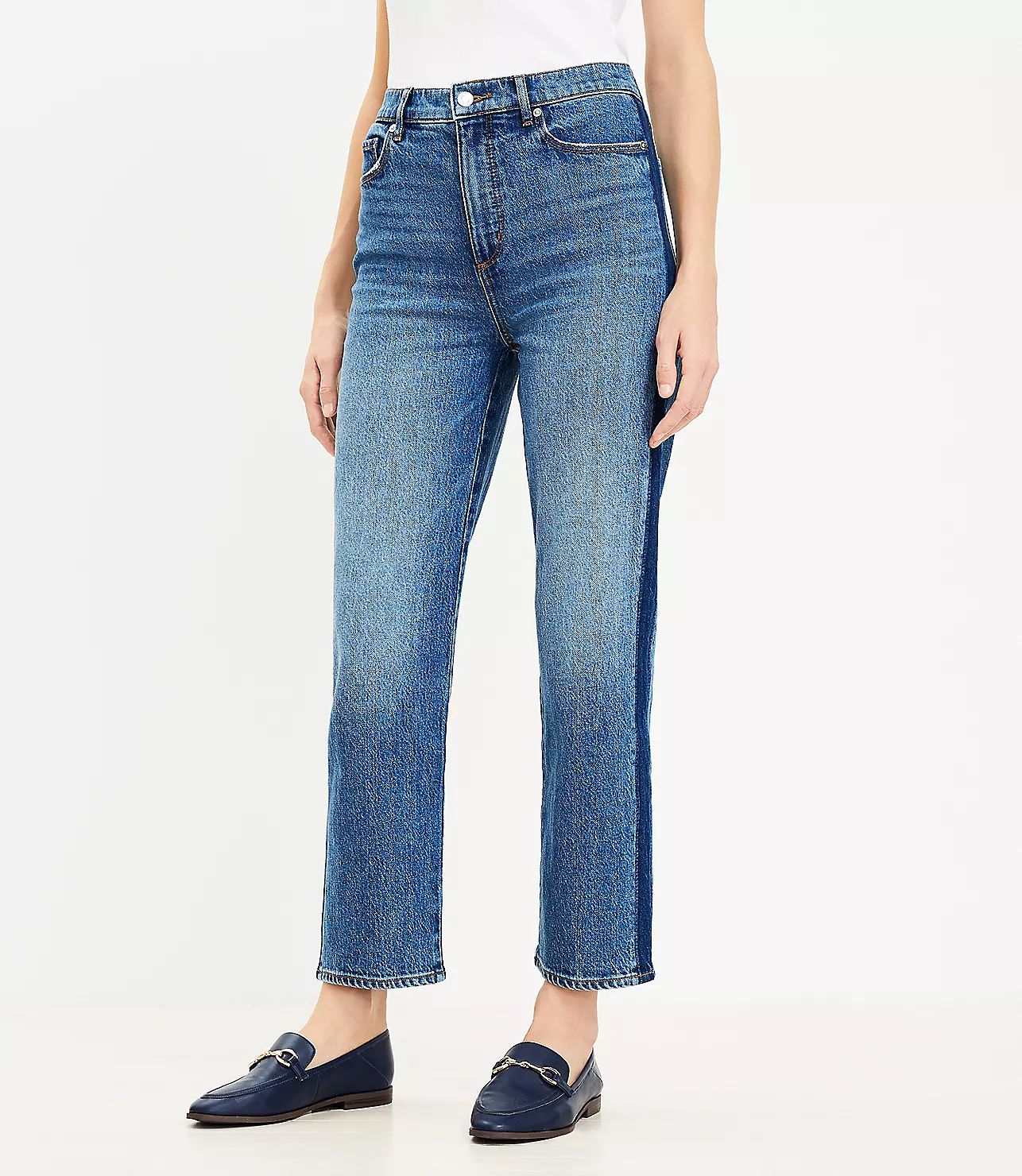 Curvy Side Stripe High Rise Straight Jeans in Vintage Mid Indigo Wash | LOFT