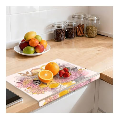 Bee Flowers Purple Print Acrylic Cutting Board with Lip for Countertop - Clear Non Slip Food Grade Cutting Board for Kitchen Fruit & Veggies Aesthetic Home Decor 16.5x13.4" | Amazon (US)