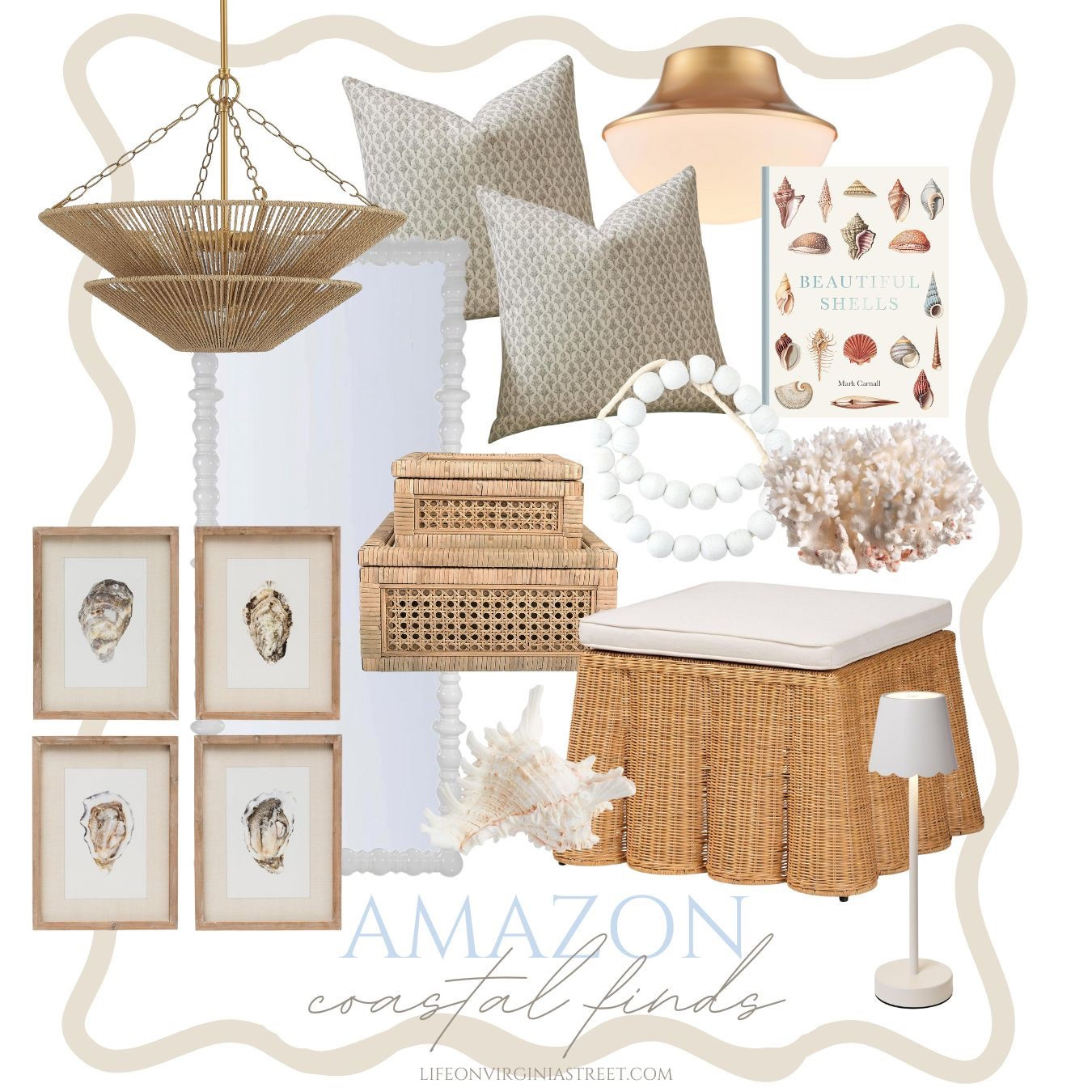 Obsessed with these neutral coastal decor finds from Amazon! Includes a  gorgeous woven chandelier, oyster shell artwork, a seashell coffee table book, scalloped wicker ottoman, block print pillow covers, cane storage boxes and more! #ltkhome #ltkfindsunder50 #ltkseasonal #ltksalealert #ltkfindsunder100 #ltkseasonal

#LTKHome #LTKSeasonal #LTKFindsUnder50