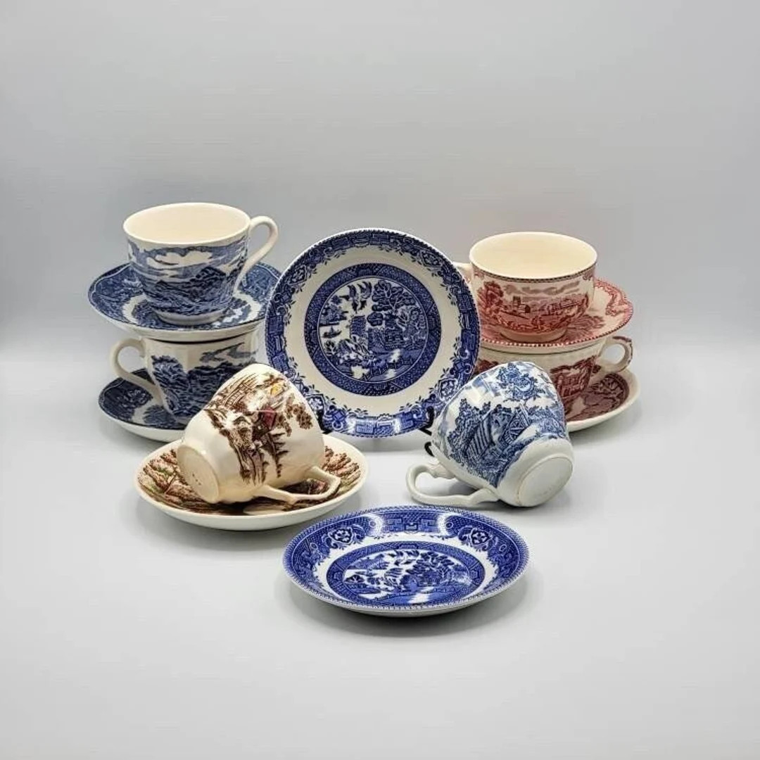 Vintage Mismatched Lot of Transferware, Blue, Red, Brown, Pink and White, Teacups and Saucers, Set o | Etsy (CAD)