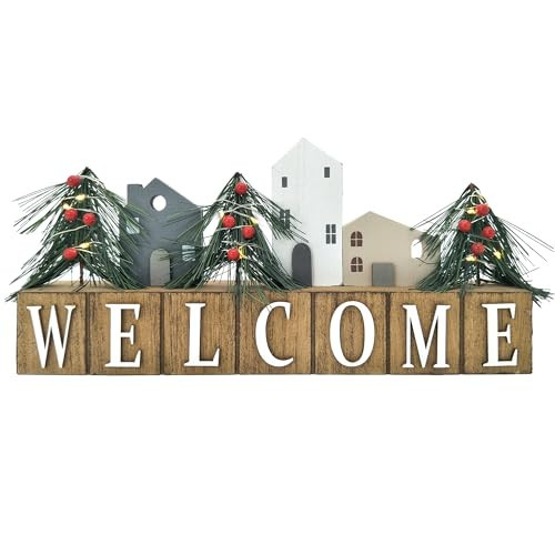 HOMirable Christmas Tree Block Welcome Sign LED Lighted Rustic Tabletop Rustic Home Decor Farmhouse Wooden Decorative Sign Holiday Xmas Display Box Sign Decoration Gift | Amazon (US)