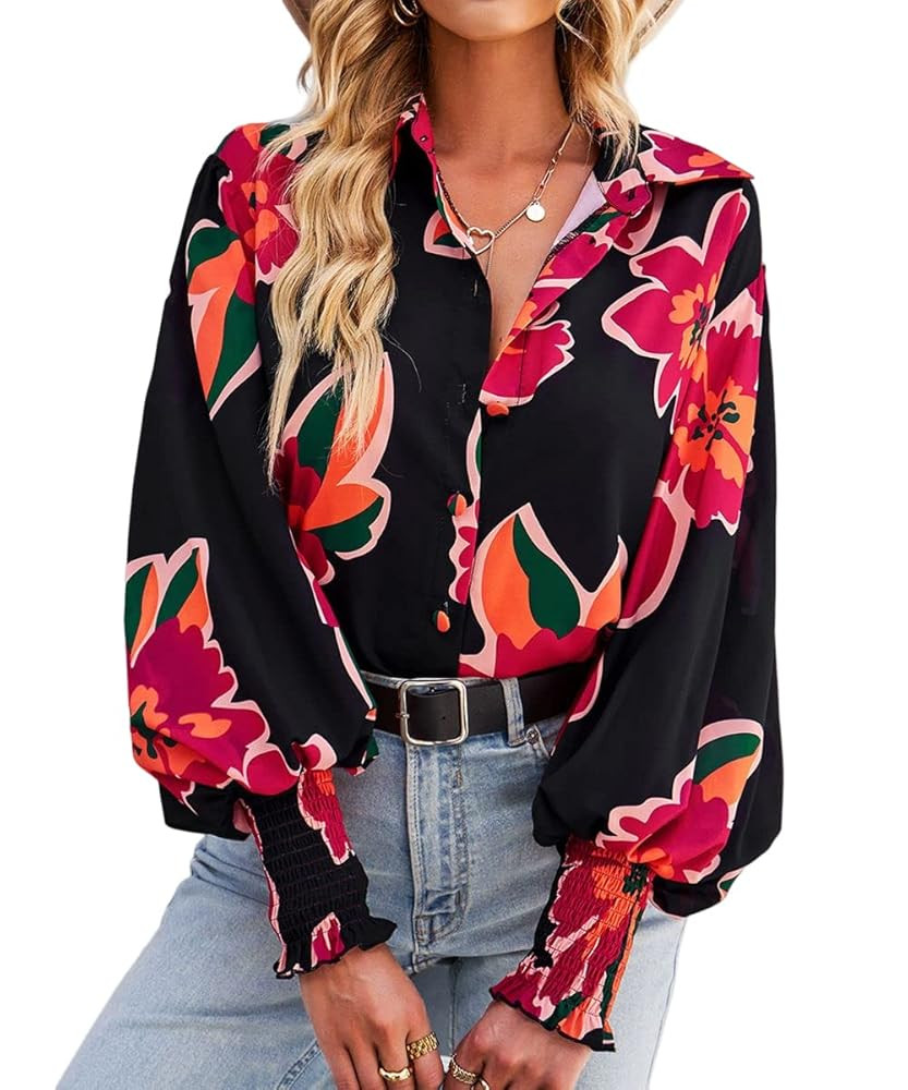 Women's Floral Print Blouse Long Sleeve Button Down Shirts Casual Dressy Blouse Shirts Tops | Amazon (US)