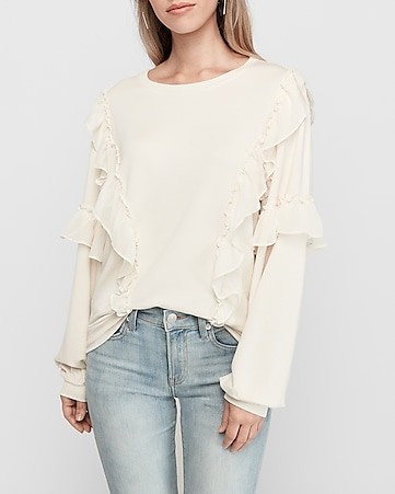 Chiffon Trim Crew Neck Fleece Sweatshirt | Express