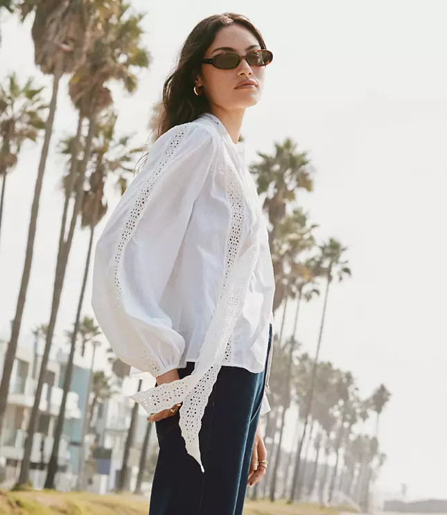 Scalloped Eyelet Bow Blouse | LOFT