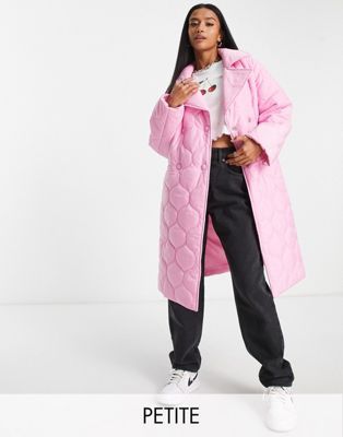 Miss Selfridge Petite longline puffer coat in pink | ASOS (Global)