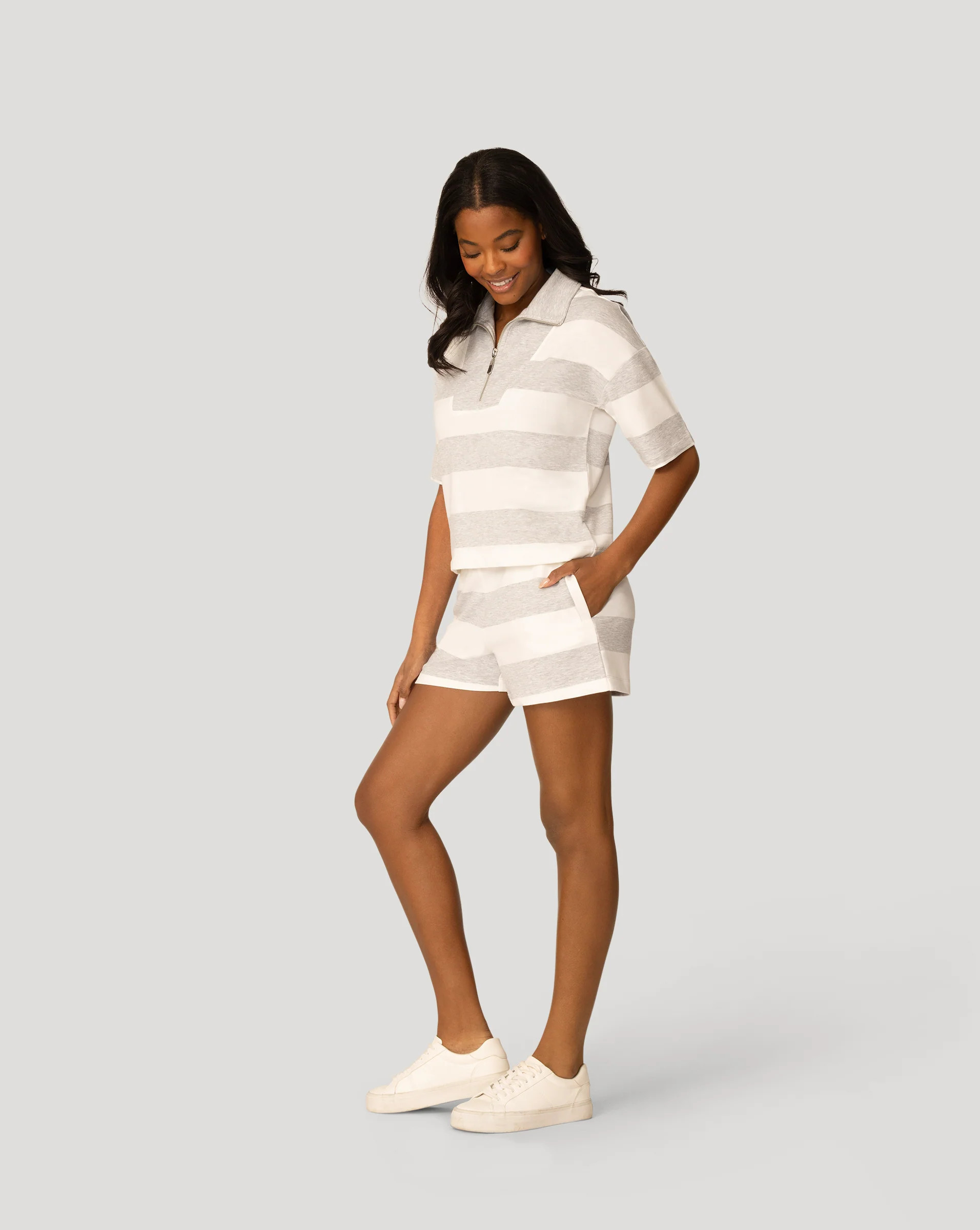 Women's Striped Half Zip Short Set in Light Gray with Nature Stripe | Cable & Gauge | Cable & Gauge