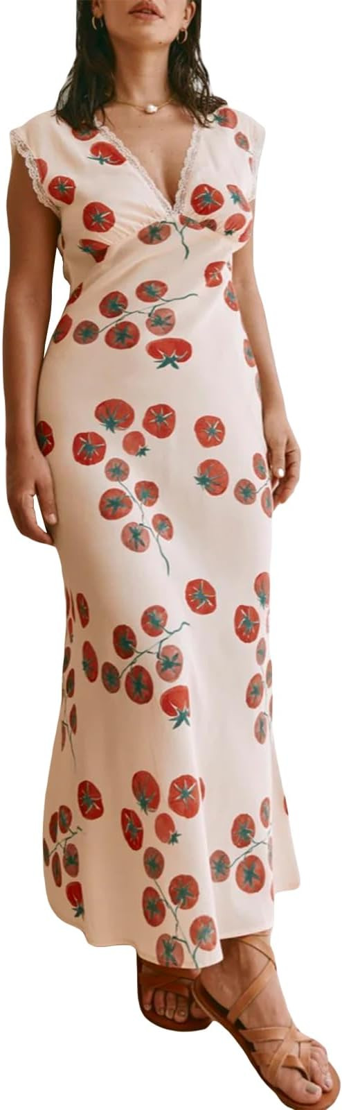 Women's Y2k Sleeveless Floral Tank Dress Summer Sexy Deep V Neck Open Back Tie-up Loose Beach Lon... | Amazon (US)