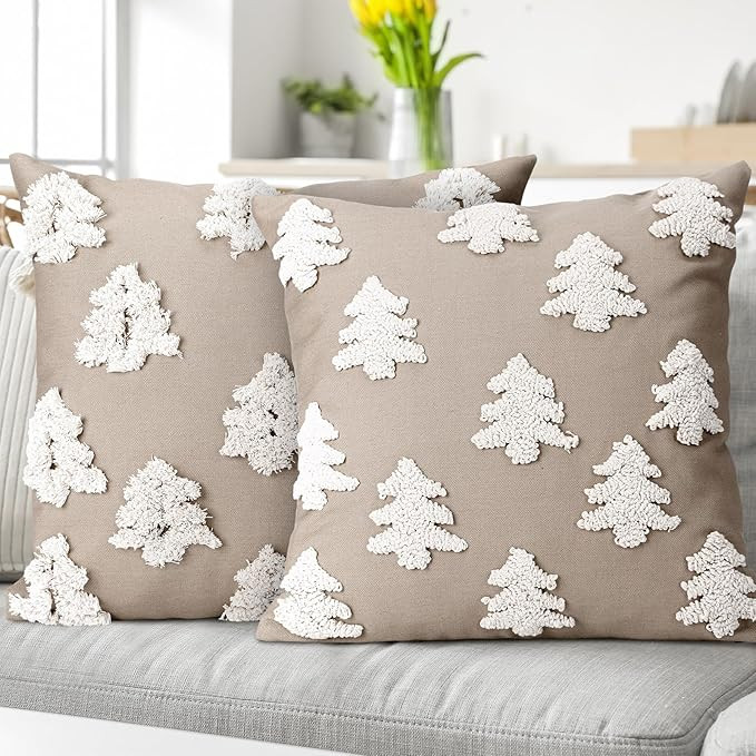 Mixweer 2 Pcs Christmas Pillow Covers 18x18 Inch Neutral Christmas Tree Embroidery Throw Pillow C... | Amazon (US)