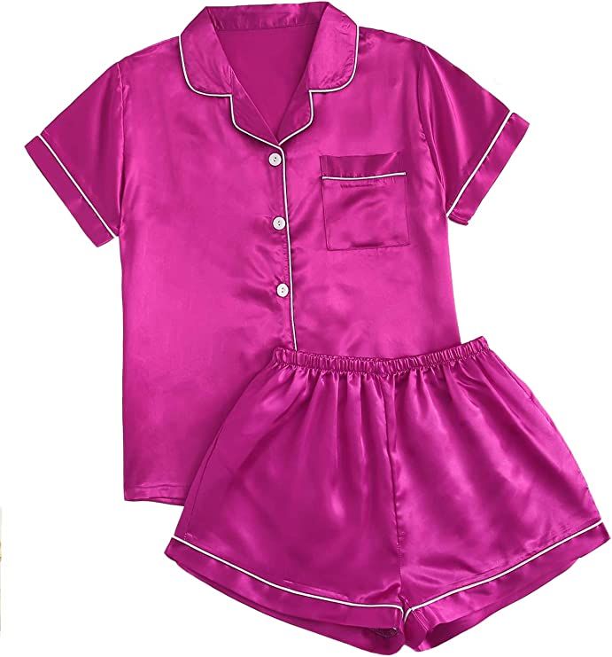 SweatyRocks Women's Short Sleeve Sleepwear Button Down Satin 2 Piece Pajama Set | Amazon (US)