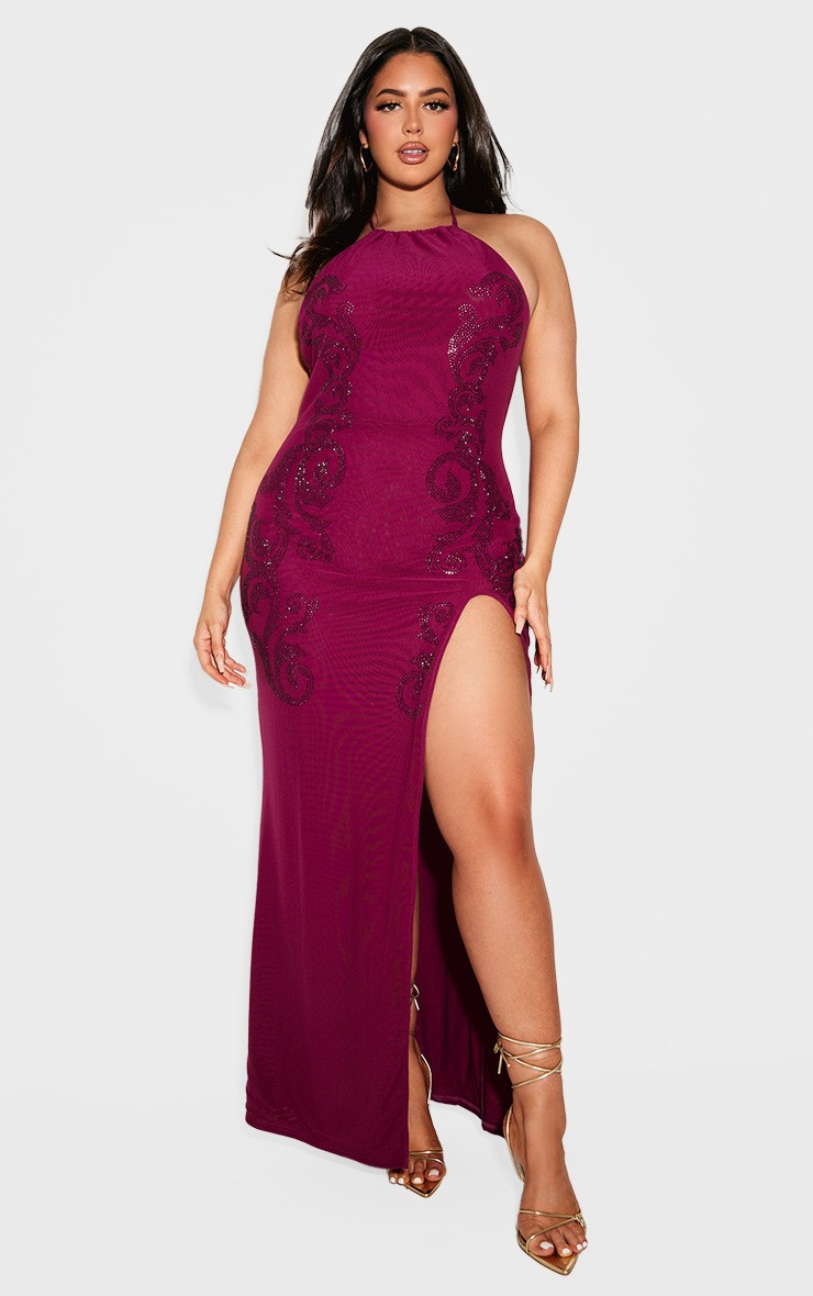 Plus Wine Lined Mesh Diamante Split Maxi Dress | Plus Size | PrettyLittleThing US