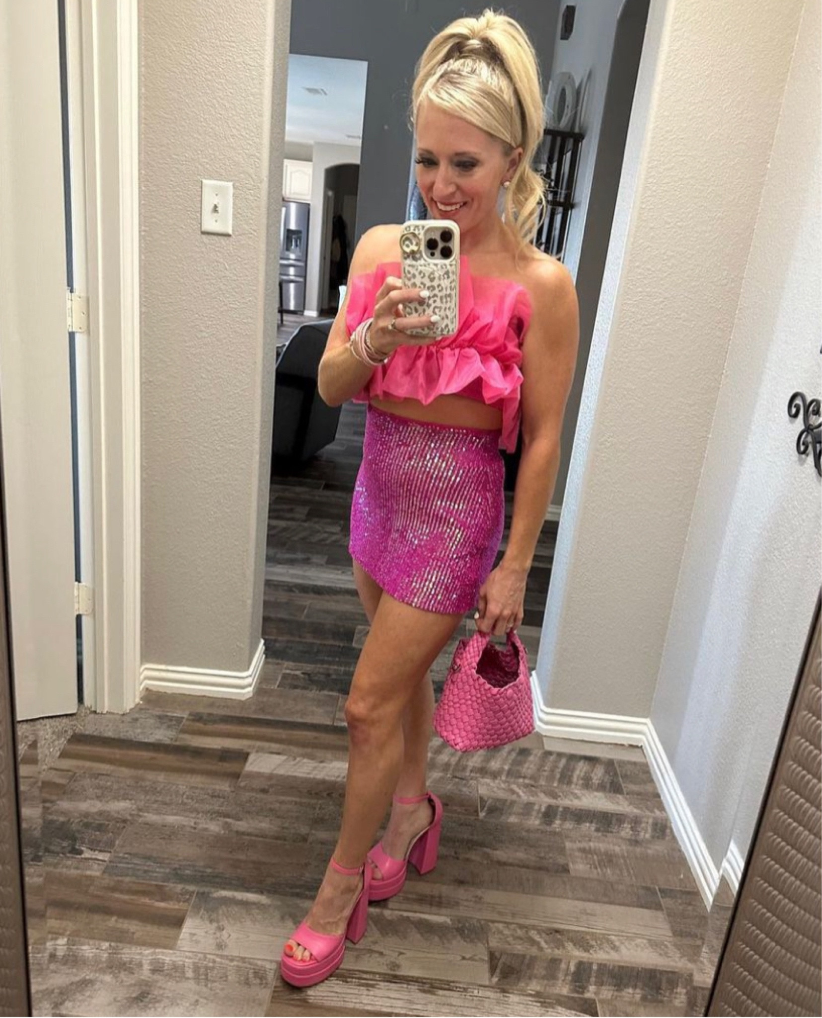 Pink outfit
Barbie outfit 
Pink sparkly skort 
Show me your mumu 
Pink tule crop top 
Pink platform heels 
Pink weave purse 


#LTKstyletip #LTKunder100 #LTKshoecrush