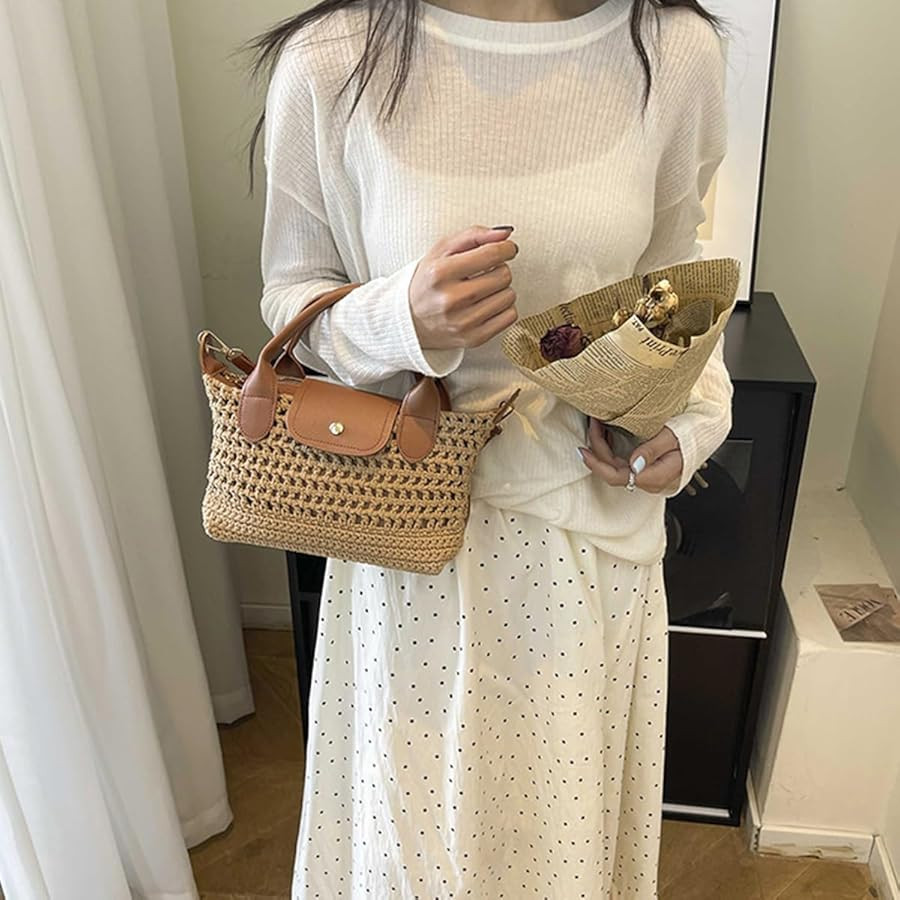 Crochet Crossbody Bags for Women Summer Beach Handbag Small Woven Tote Purse with Leather Top Han... | Amazon (US)