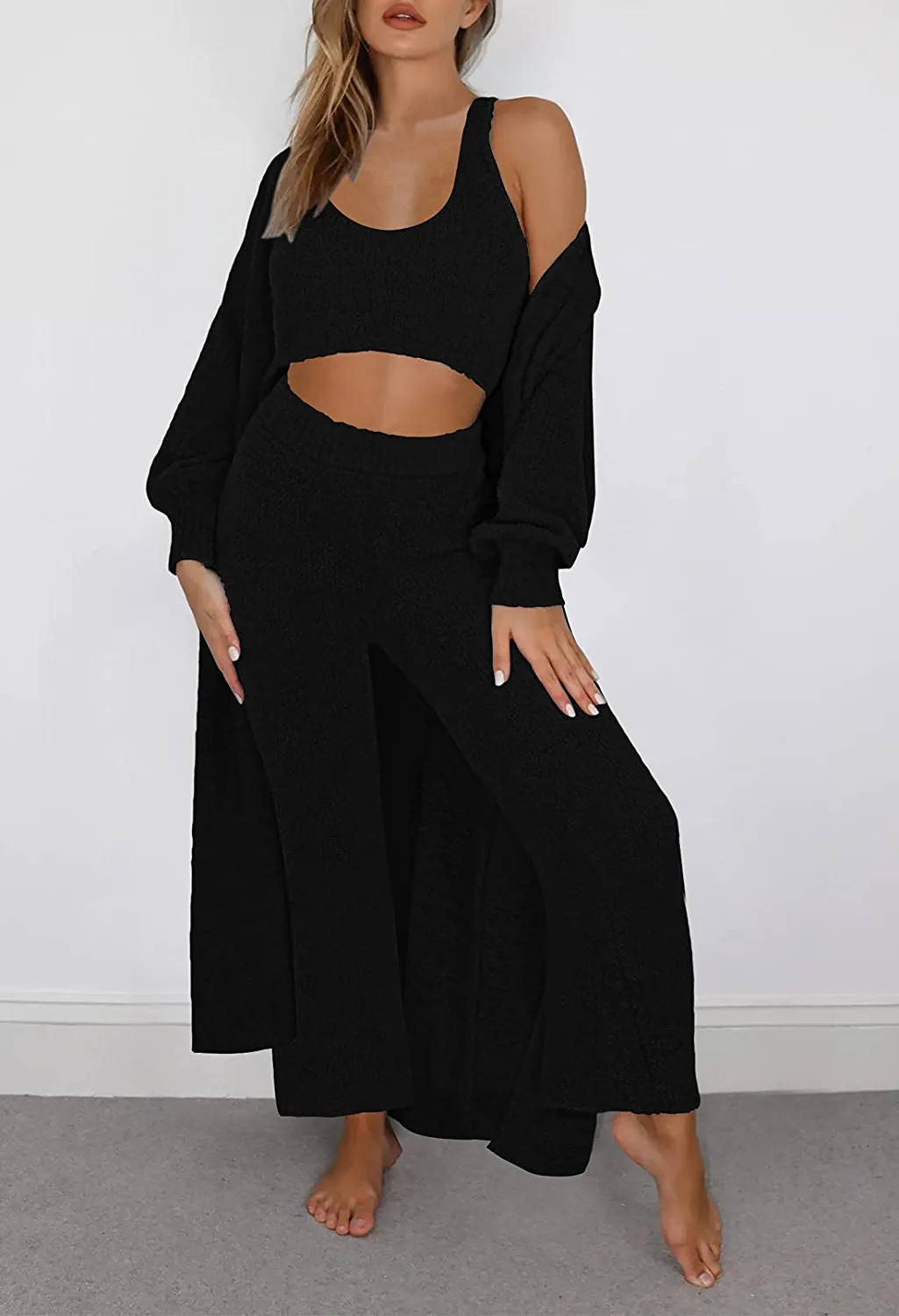 VamJump Womens 3 Piece Lounge Set Scoop Neck Crop Tops High Waist Pants Open Front Cardigan Outfi... | Amazon (US)