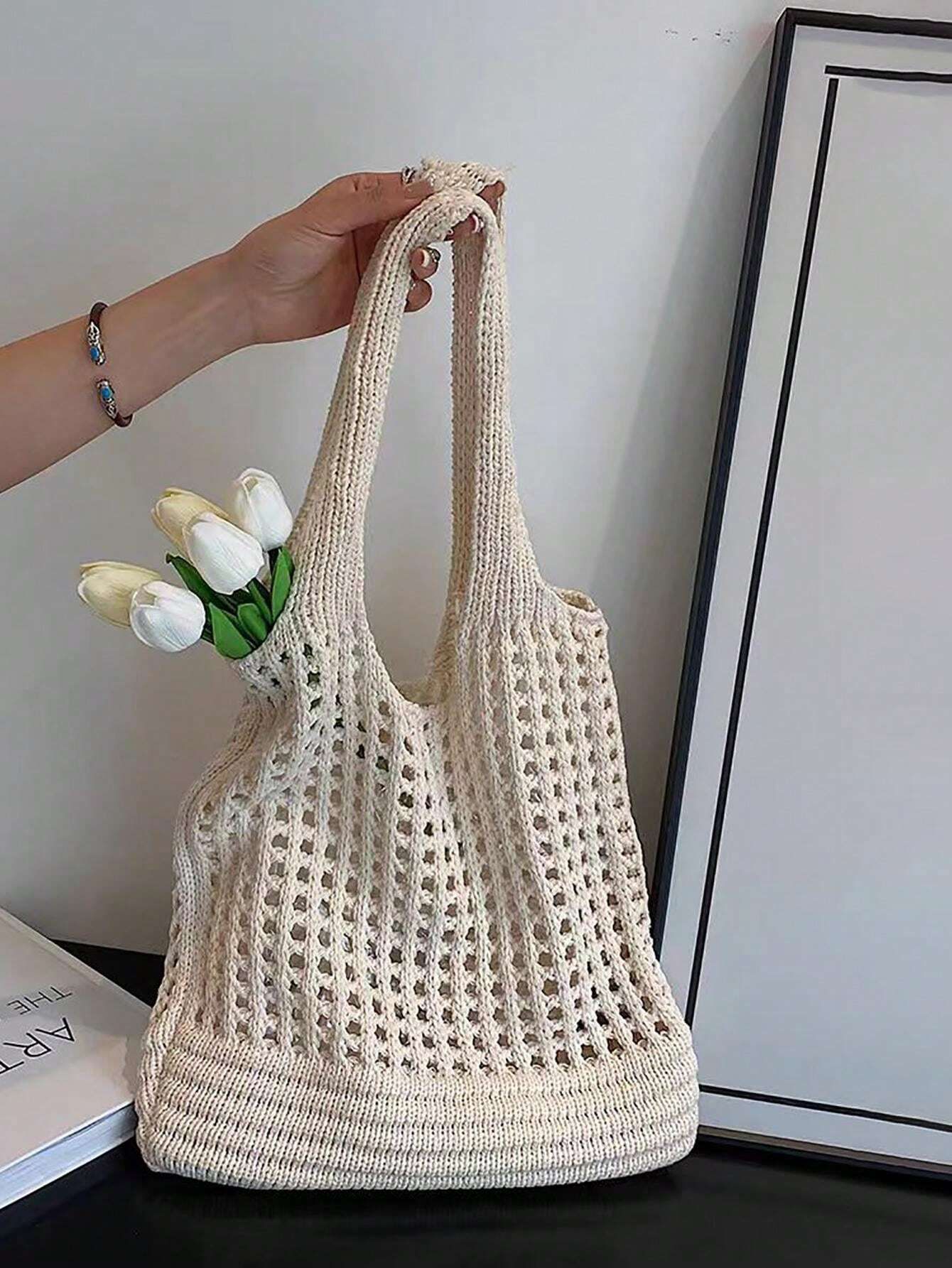 Hollow Out Vacation Style Patchwork Crochet Tote Bag | SHEIN